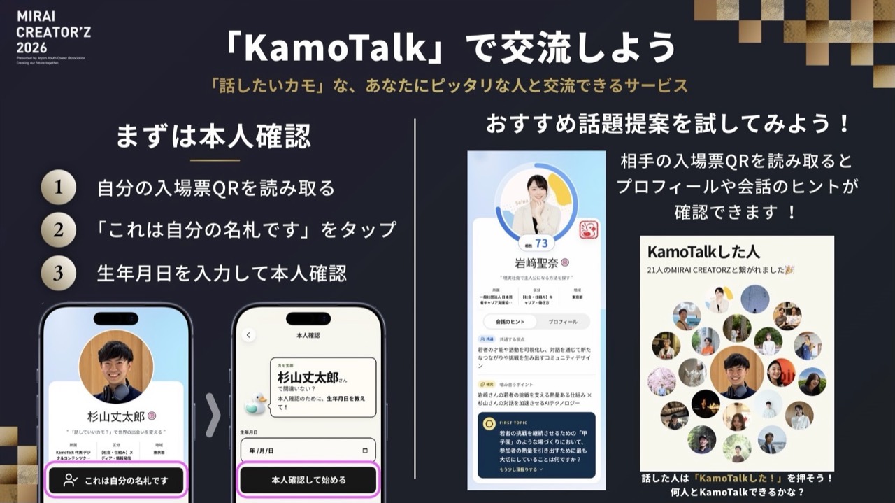 実際のイベントで使ったKamoTalk説明スライド。本人確認、相手のQR読み取り、会話ヒント、KamoTalkした人の記録を案内している。
